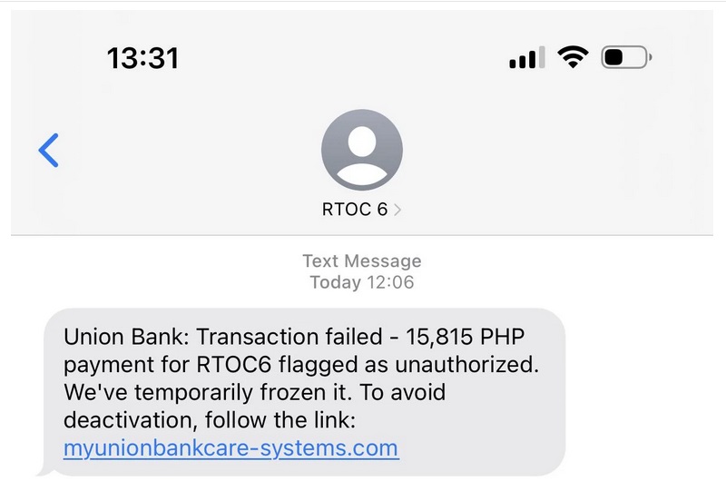 RTOC 6 Scam text union bank
